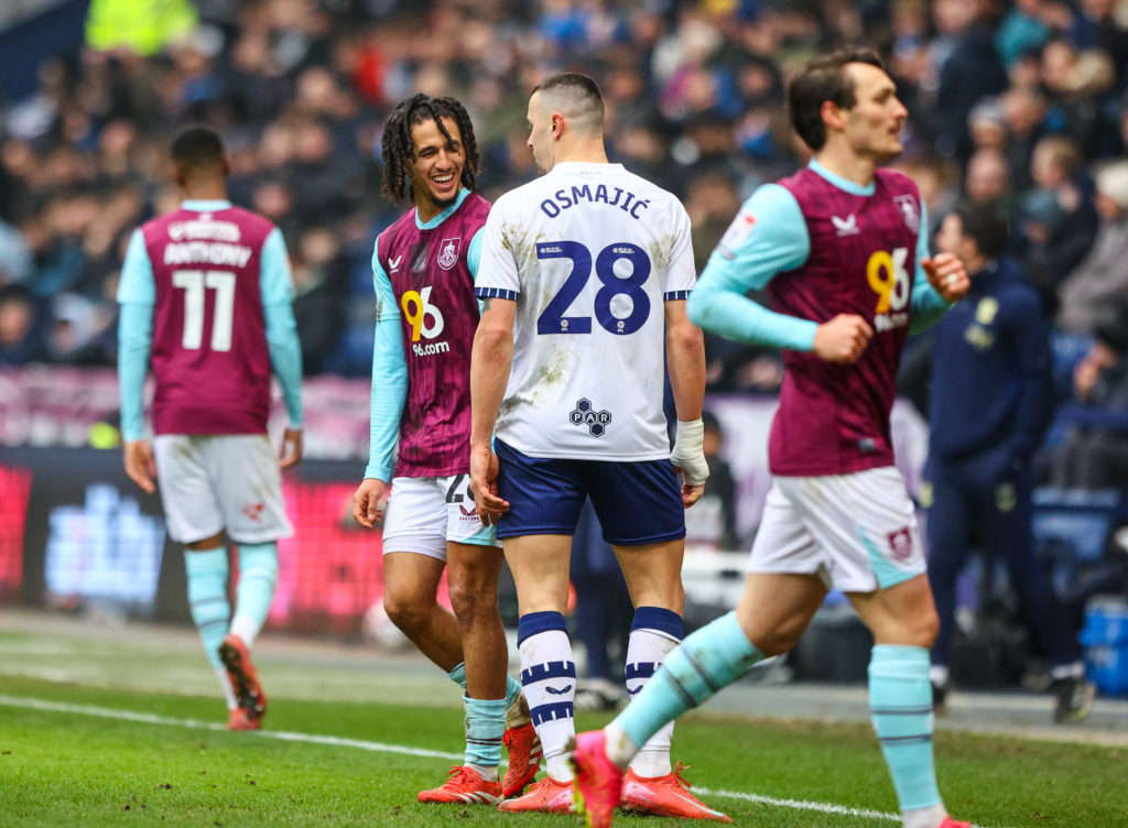 Burnley's Hannibal Mejbri and Preston North End's Milutin Osmajic exchange words during the Sky Bet Championship match between Preston North End FC and Burnley FC