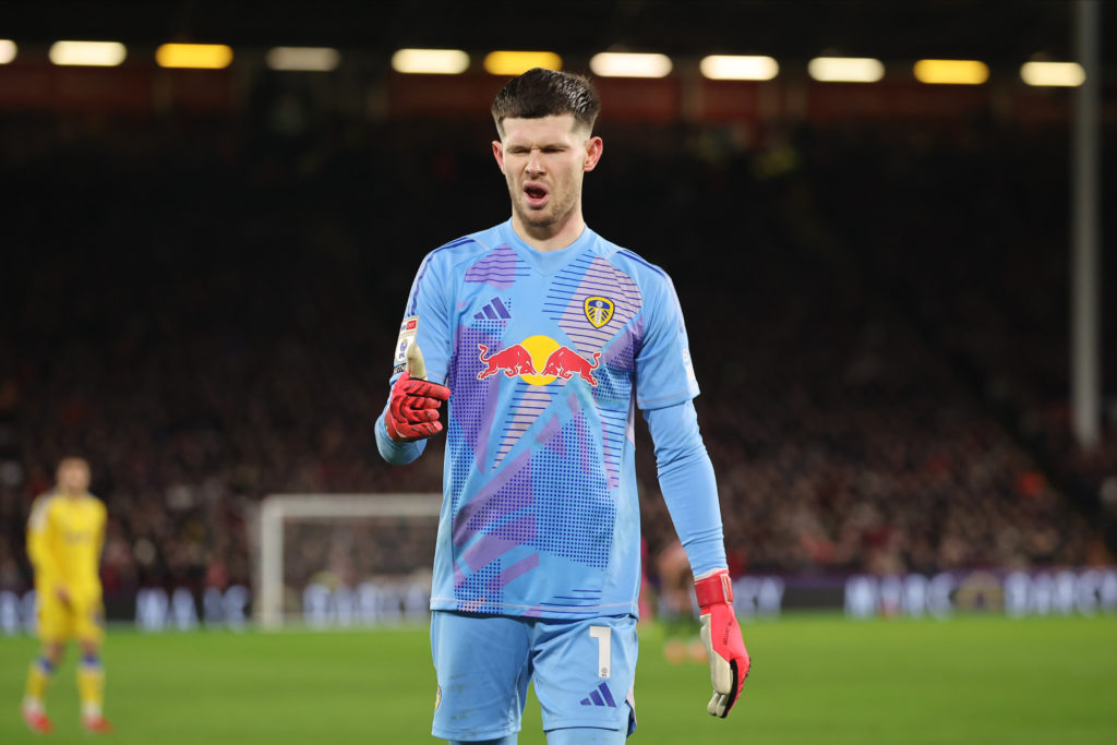 Illan Meslier of Leeds during Sheffield United FC v Leeds United FC - Sky Bet Championship