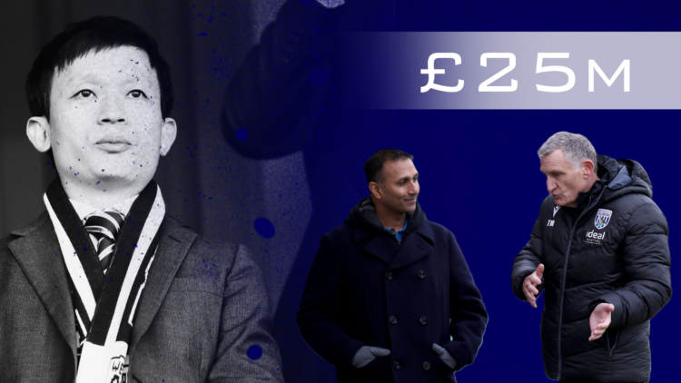 Former West Brom owner superimposed in front of an image of Shilen Patel and Tony Mowbray, with '£25m' wordage