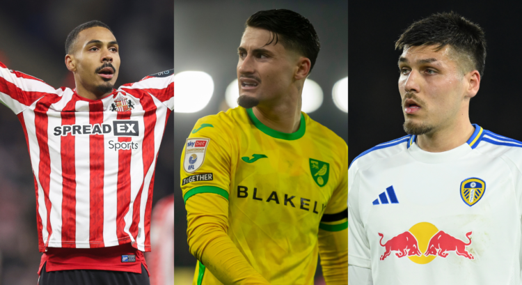 Wilson Isidor, Borja Sainz, and Joel Piroe playing for Sunderland, Norwich and Leeds respectively