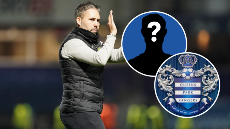 QPR manager Marti Cifuentes. Inset, QPR badge, and a mystery player graphic.