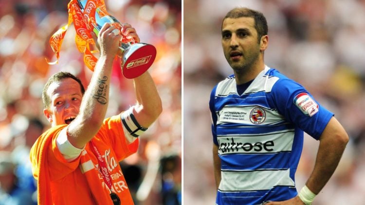 Split image of Zurab Khizanishvili from the 2011 playoff final against Swansea and Charlie Adam lifting with the 2010 playoff trophy with Blackpool.