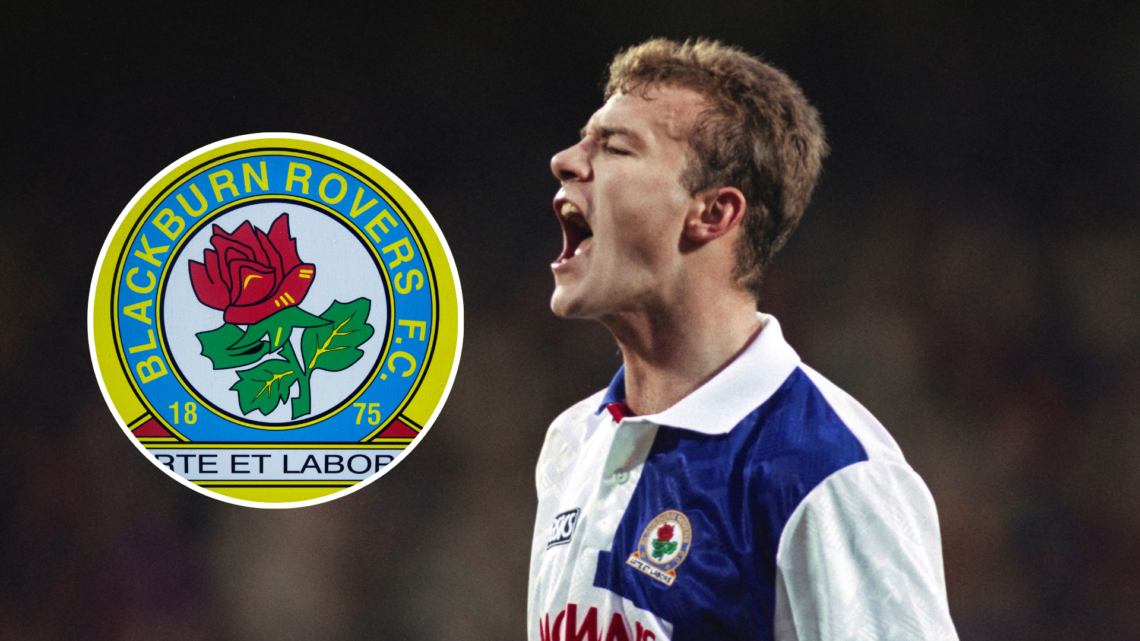 Alan Shearer playing for Blackburn Rovers. Inset, Blackburn Rovers badge.