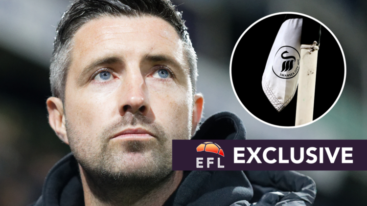 Swansea City interim manager Alan Sheehan. Inset, Swansea City corner flag. Overlaid, exclusive branding.