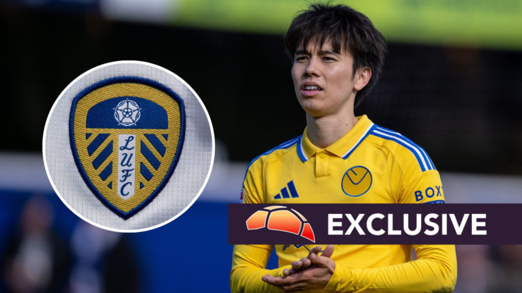 Ao Tanaka of Leeds United during the Sky Bet Championship match between Queens Park Rangers FC and Leeds United FC, with an inset of the Leeds Unit...