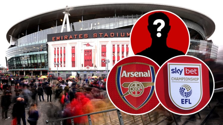 The Emirates Stadium with insets of the Arsenal badge, the EFL Championship logo, and a mystery player.