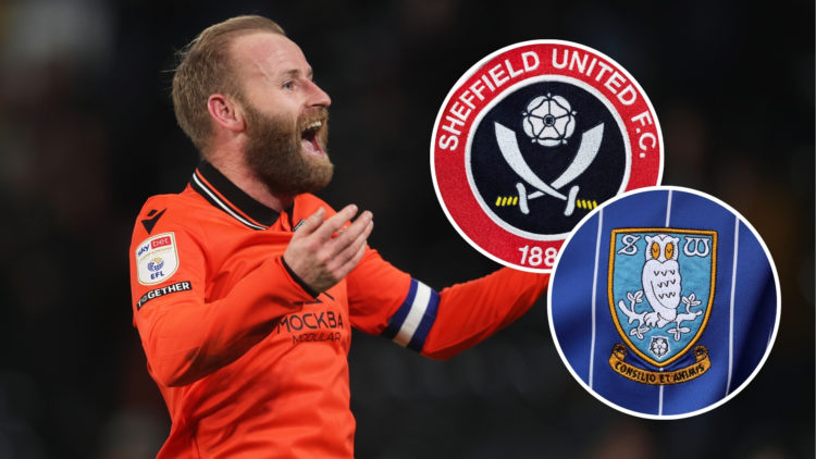 Barry Bannan celebrates after a Sky Bet Championship match, with two insets featuring the Sheffield United badge and the Sheffield Wednesday badge.