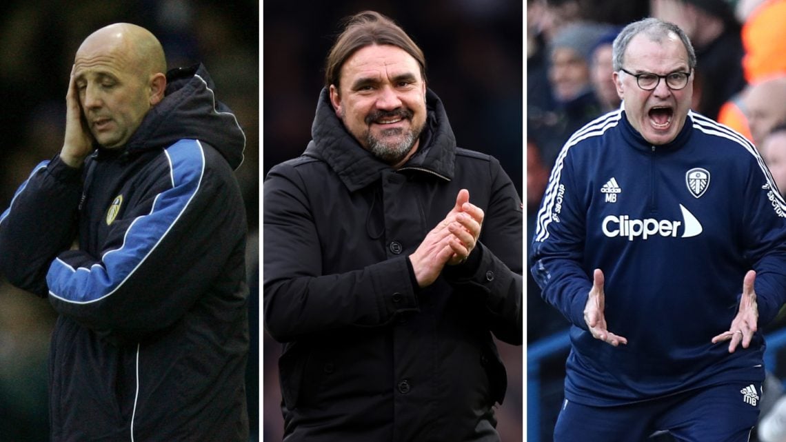Three-way split image of Gary McAllister (left), Daniel Farke (center), and Marcelo Bielsa (right).