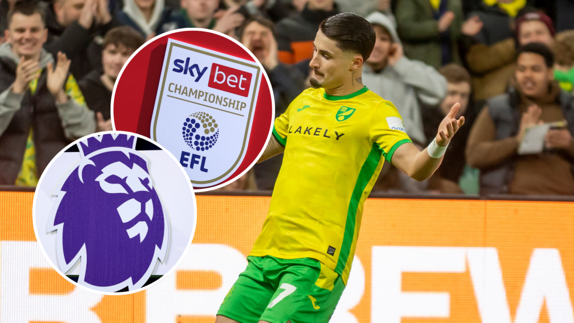 Norwich City's Borja Sainz. Inset, Championship logo and Premier League logo.