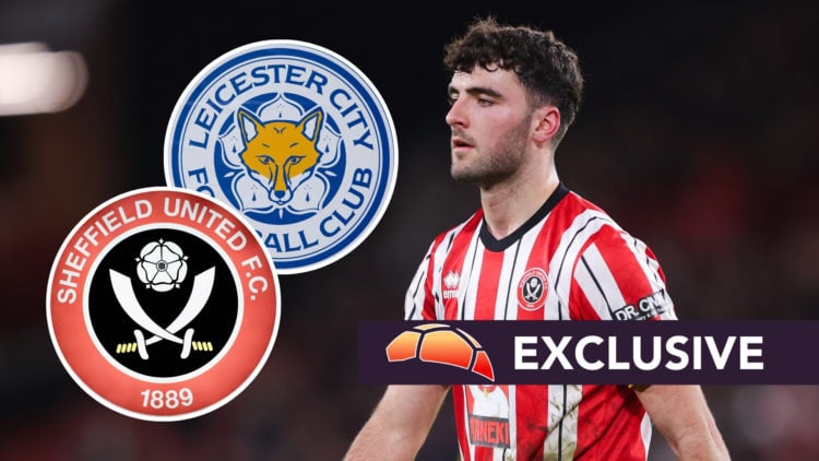 EFL Exclusive: Tom Cannon in a Sheffield United shirt, with insets of the Sheffield United badge and the Leicester City badge.