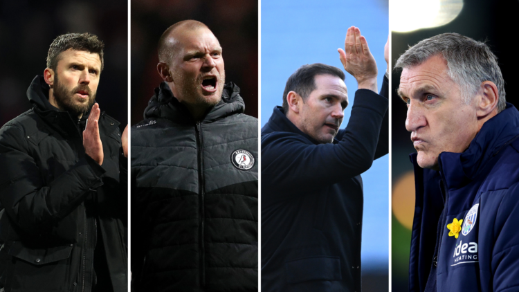Four-way split image of Michael Carrick, Liam Manning, Frank Lampard, and Tony Mowbray.