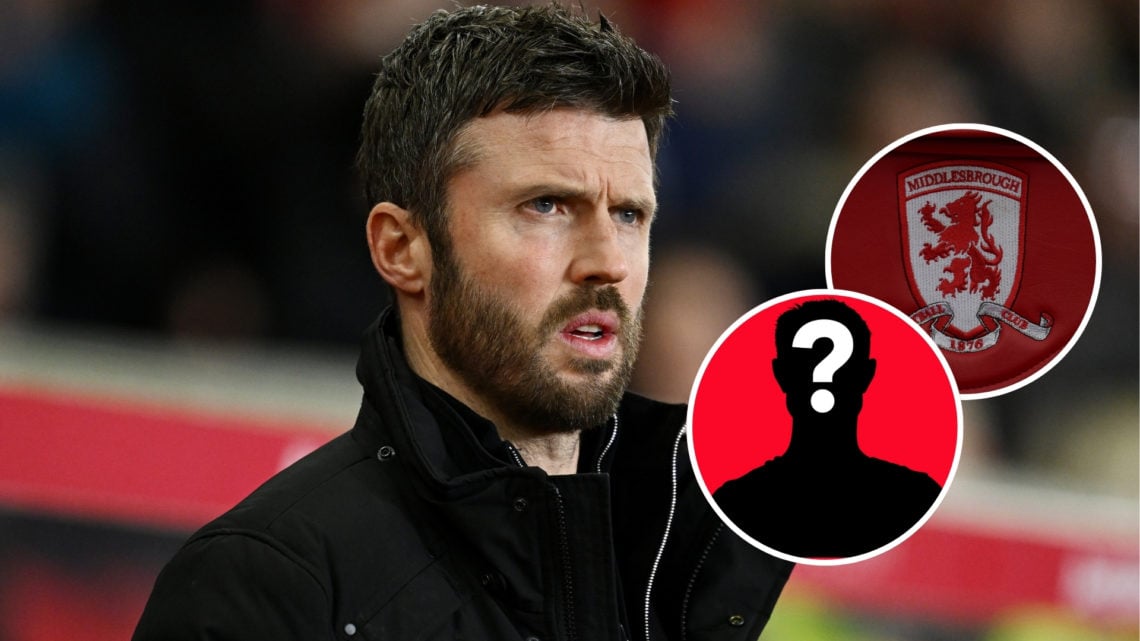 Michael Carrick, Head Coach of Middlesbrough, looks on prior to a Sky Bet Championship match, with two insets featuring the Middlesbrough badge and...