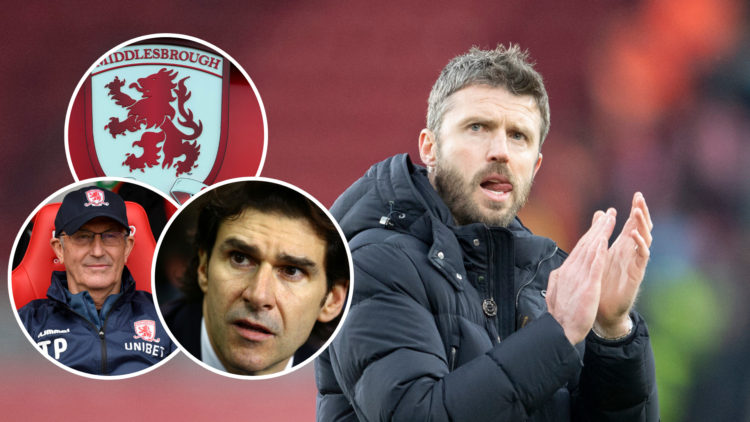 Middlesbrough Manager Michael Carrick applauds fans. Insets, Middlesbrough badge, Tony Pulis, Aitor Karanka.