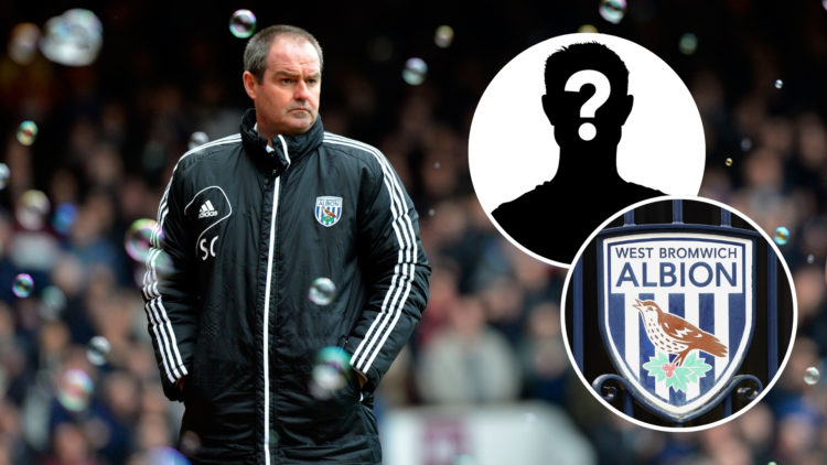 Steve Clarke, head coach of West Bromwich Albion, looking on, with two insets: one of a mystery player silhouette and the other of the West Brom ba...
