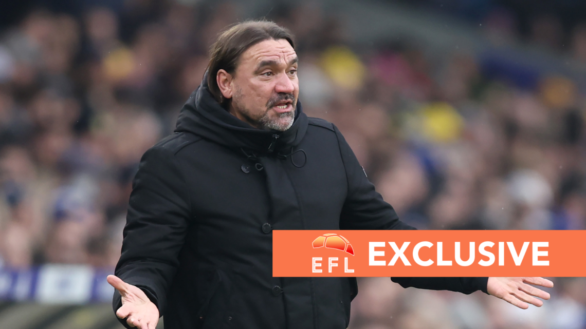 Daniel Farke watches his Leeds United team from the sidelines. Overlaid, an EFL exclusive banner.
