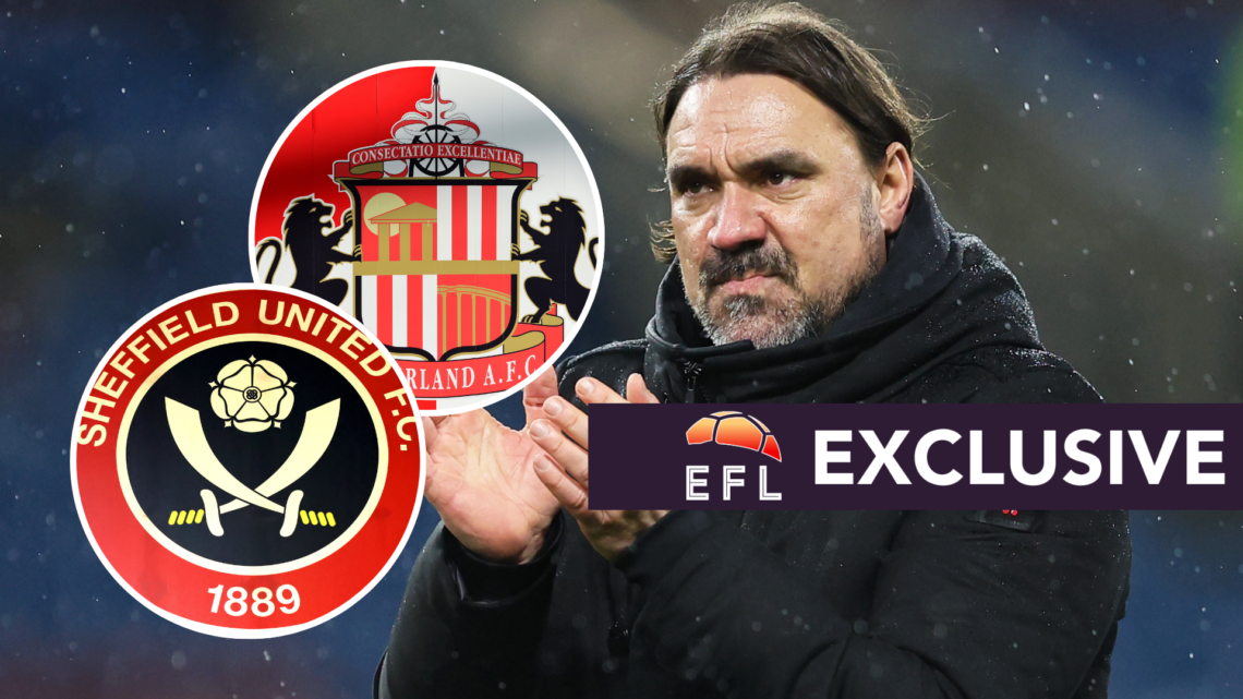 Leeds United manager Daniel Farke. Inset, Sunderland badge and Sheffield United badge. Overlaid, EFL Analysis exclusive branding.