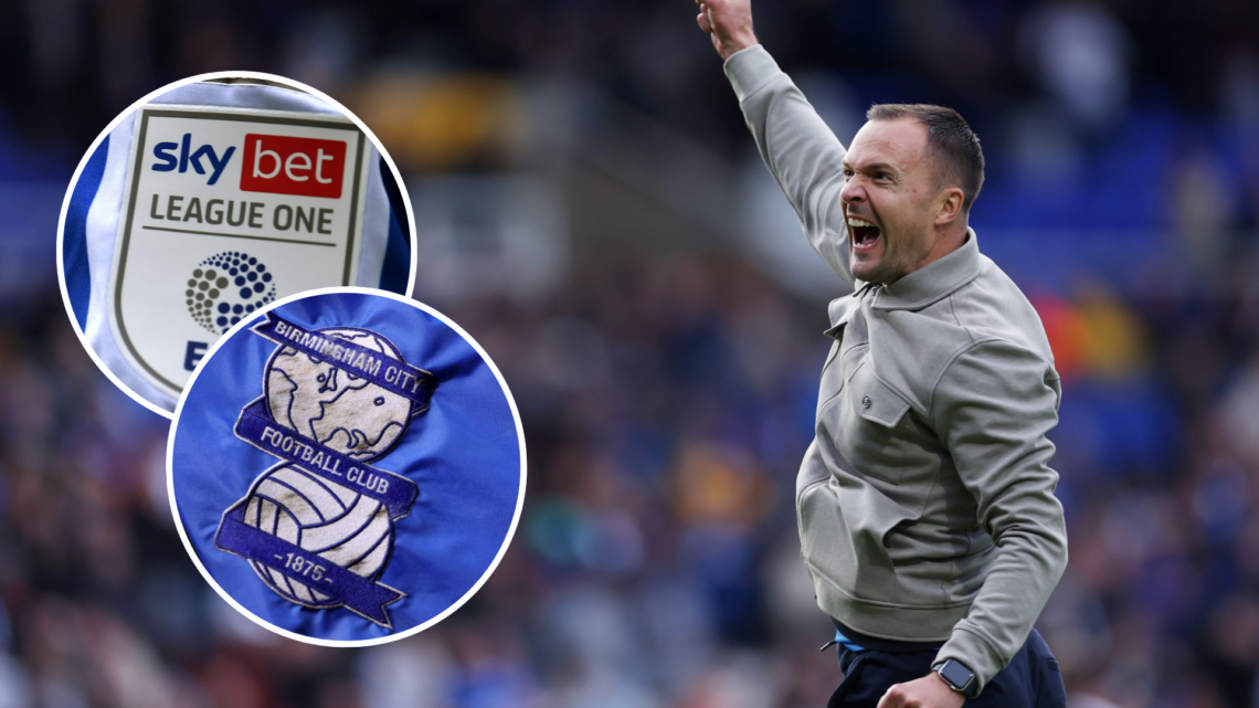 Chris Davies, manager of Birmingham, celebrates victory in front of the fans after the Sky Bet League One match between Birmingham City FC and Pete...