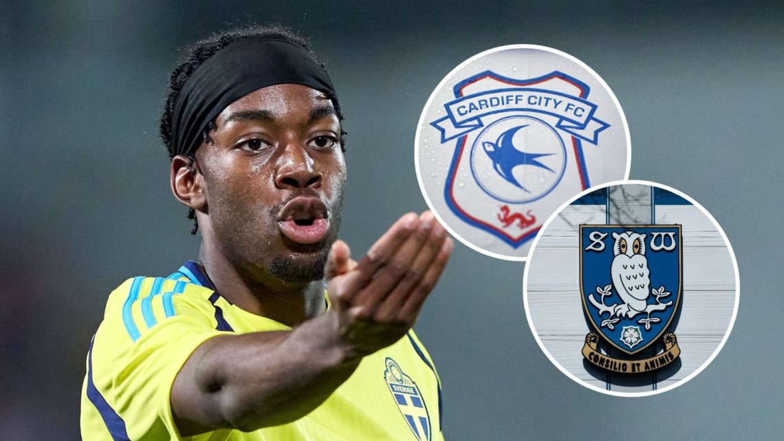 Image of Anthony Elanga playing for Sweden with two insets of the Cardiff City and Sheffield Wednesday badge