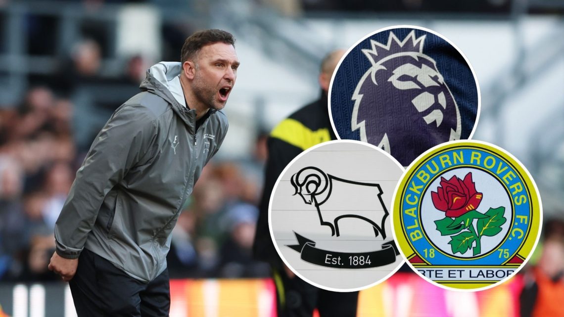 Derby County boss John Eustace. Inset, Derby County badge, Blackburn Rovers badge, Premier League badge).