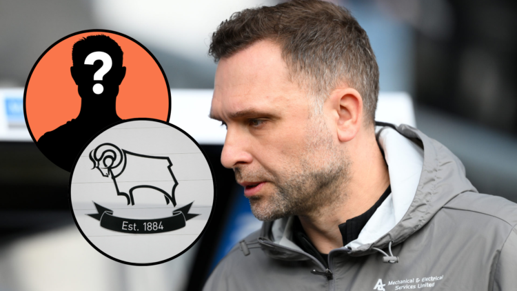 John Eustace manages Derby County during the Sky Bet Championship match between Derby County and Millwall. Insets, Derby badge, mystery player