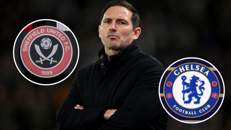 Coventry City manager Frank Lampard. Inset, Sheffield United badge and Chelsea badge.