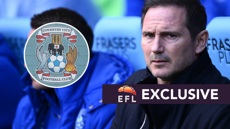 Coventry City manager Frank Lampard. Inset, Coventry City badge. Overlaid, exclusive branding.
