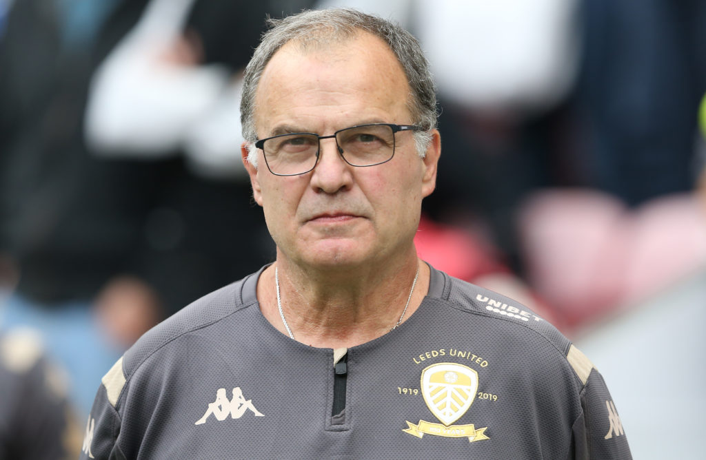 Leeds United manager Marcelo Bielsa watches Wigan Athletic against Leeds United in the Sky Bet Championship