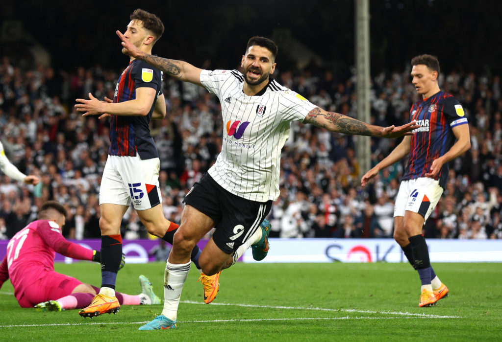 Aleksandar Mitrovic celebrates after scoring for Fulham vs Luton Town in the Sky Bet Championship