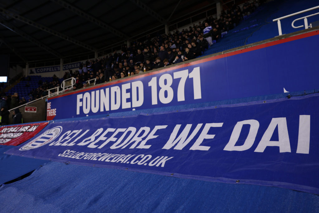 Reading fans protest against the clubs owner Dai Yongge during the Sky Bet League One match between Reading and Derby County at Select Car Leasing Stadium
