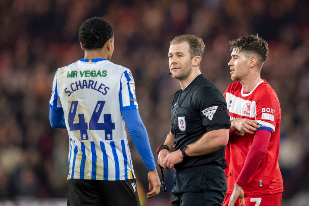 Referee Anthony Backhouse gives a free kick against Sheffield Wednesday's Shea Charles, who protests during the Sky Bet Championship match between Middlesbrough and Sheffield Wednesday