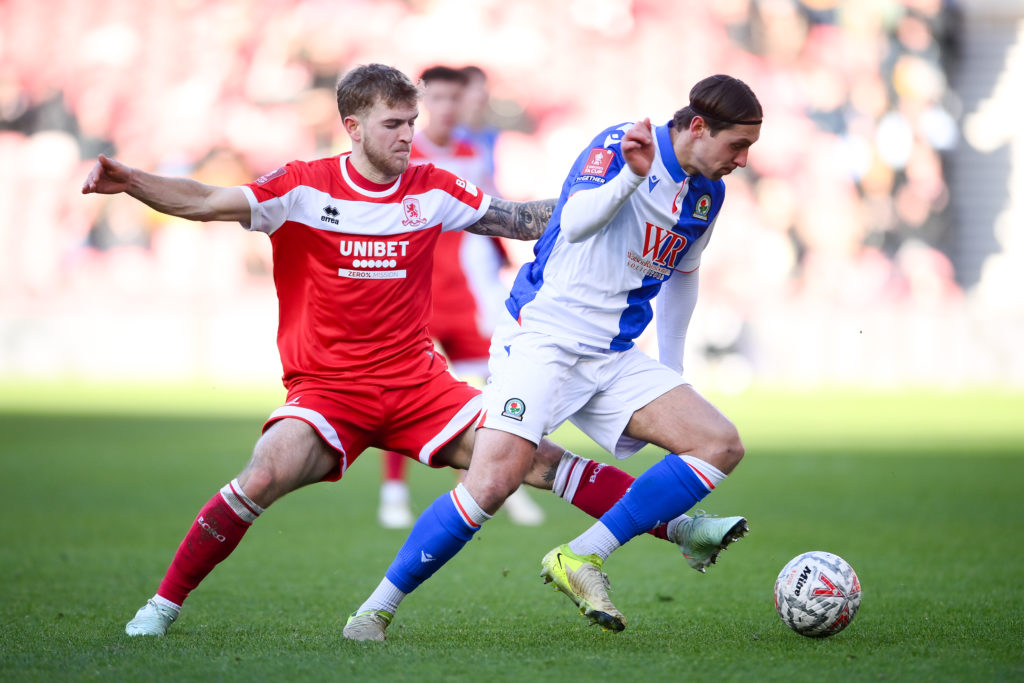 Callum Brittain shirks off a challenge during Middlesbrough vs Blackburn Rovers