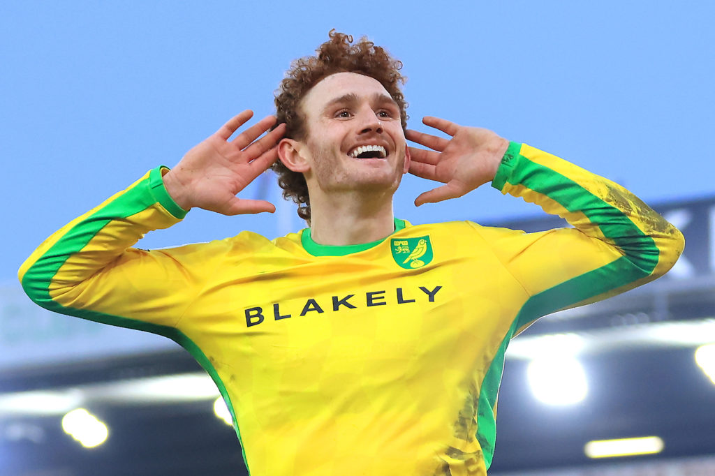 Josh Sargent of Norwich City celebrates scoring the opening goal during the Sky Bet Championship match between Norwich City FC and Derby County FC