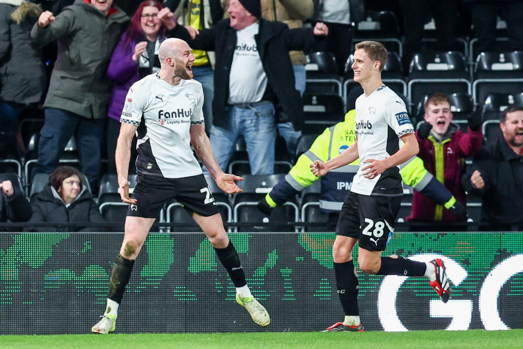 #25, Matt Clarke of Derby County (left), celebrates his goal as he is joined by #28, Harrison Armstrong, during the Sky Bet Championship match between Derby County and Coventry City