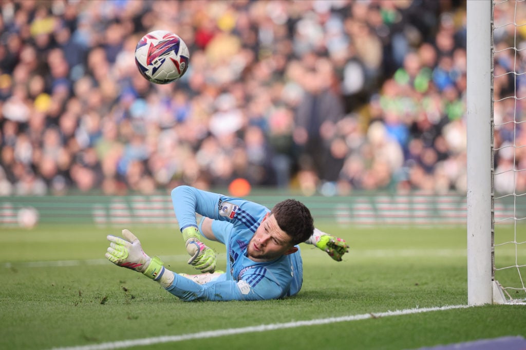 Leeds United goalkeeper Illan Mslier makes a save vs Swansea City - Sky Bet Championship