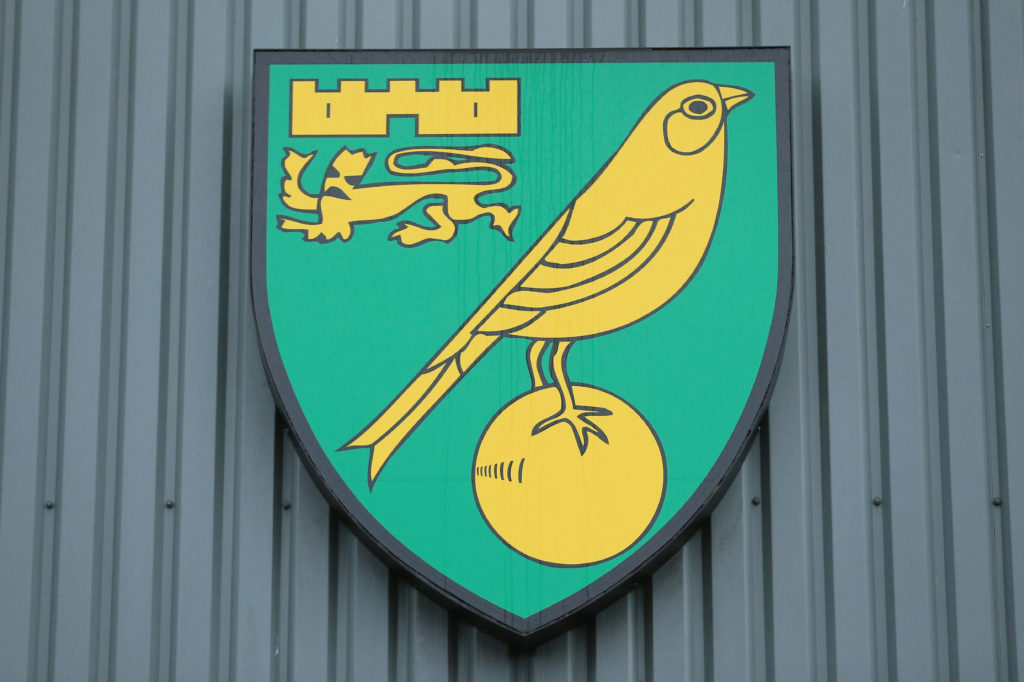 Norwich City badge at Carrow Road before a game v Everton - Premier League