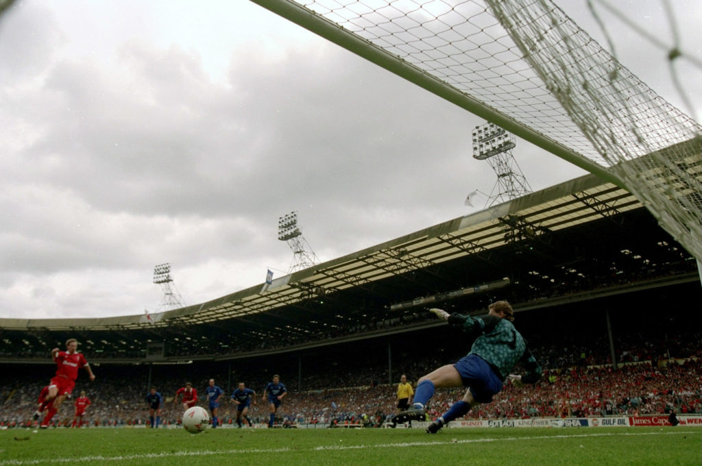 Paul Bodin of Swindon Town and Leicester City goalkeeper Kevin Poole