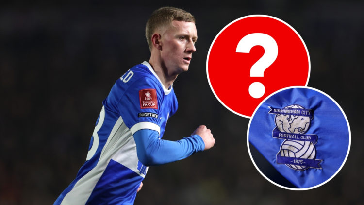 Birmingham City's Jay Stansfield during a match, with an inset of a question mark and the Birmingham badge.
