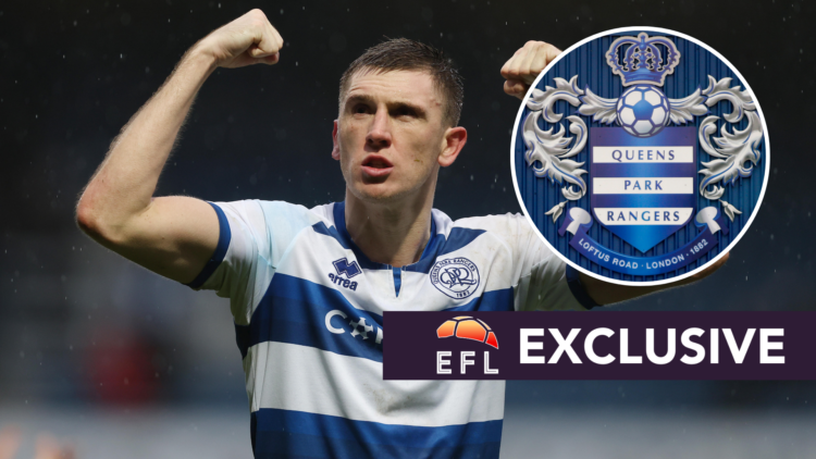 QPR defender Jimmy Dunne. Inset, QPR badge. Overlaid, exclusive branding.