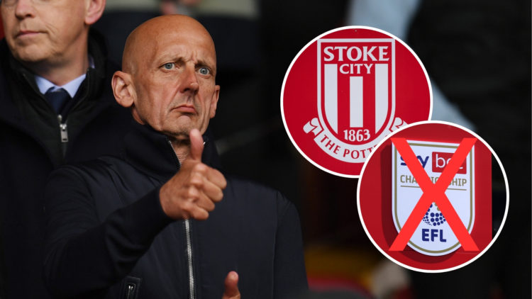 An image of Stoke City owner John Coates, with an inset of the Stoke City badge and another inset of the EFL Championship logo featuring a red X th...