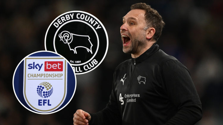 John Eustace (at Derby County), with insets of the Derby County badge and the EFL Championship logo.