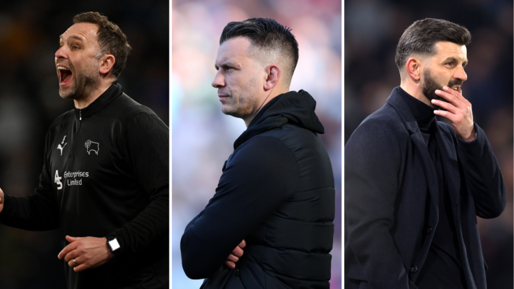 Split image of Derby County's John Eustace, Luton Town's Matt Bloomfield, and Plymouth Argyle's Miron Muslic.