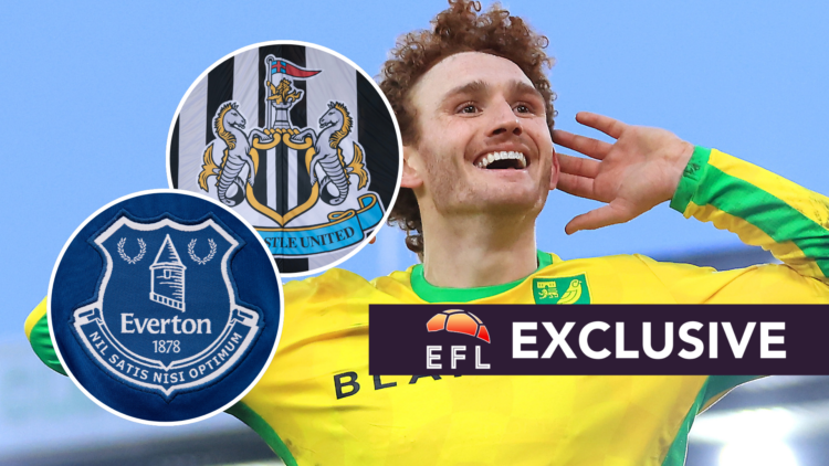 Norwich City's Josh Sargent celebrates a goal. Inset, Newcastle United and Everton badges. Overlaid, EFL Analysis exclusive branding.