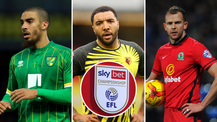 Three-way split image of Lewis Grabban, Troy Deeney, and Jordan Rhodes. Inset, EFL Championship logo.