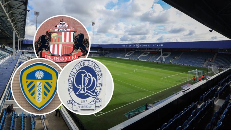 General View of Loftus Road Stadium from the stands Before the Sky Bet Championship match. Inset, the badges of Queens Park Rangers, Leeds United, ...