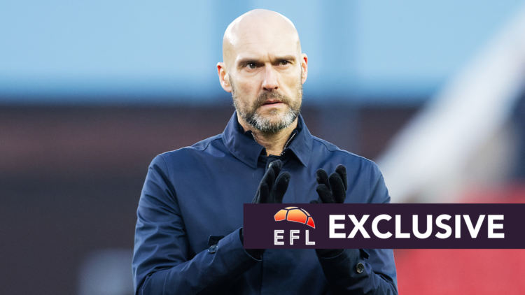 Former Swansea City manager Luke Williams applauds fans after a game vs Stoke City. Overlaid, exclusive branding.
