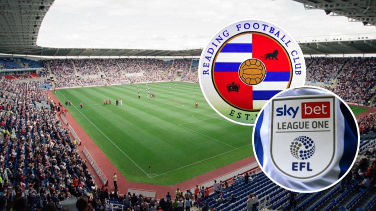 An image of Reading's Madejski Stadium with two insets: one of the Reading FC badge and another of the EFL League One logo.