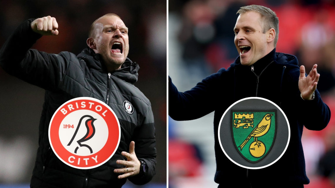 Split image of Liam Manning and Johannes Hoff Thorup, with two insets featuring the Bristol City badge and the Norwich City badge.