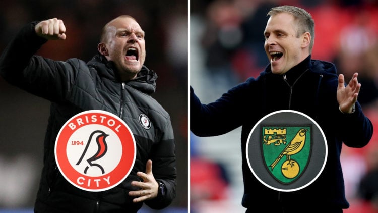 Split image of Liam Manning and Johannes Hoff Thorup, with two insets featuring the Bristol City badge and the Norwich City badge.