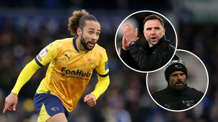 An image featuring Derby County player Marcus Harness, head coach John Eustace and former manager Paul Warne.