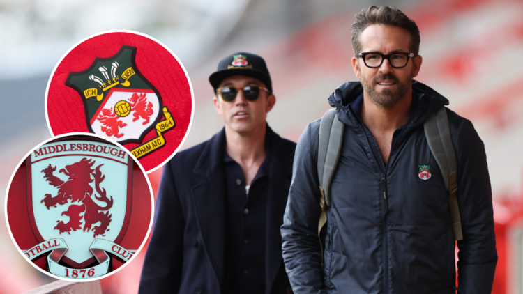 Rob McElhenney and Ryan Reynolds arrive ahead of the Vanarama National League match between Wrexham and Boreham Wood at Racecourse Ground. Insets, ...